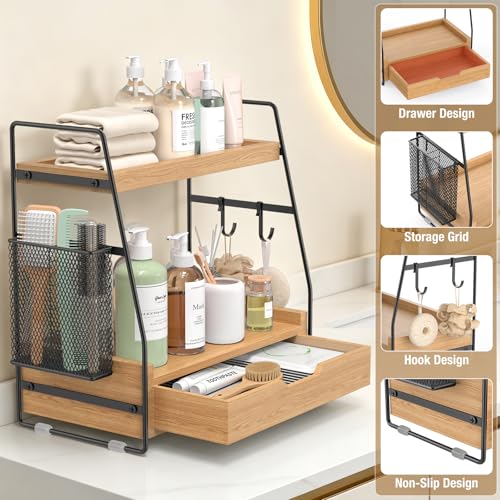 2-Tier Bathroom Counter Organizer with Drawer and Removable Basket, Wood Vanity Countertop Storage for Perfume, Makeup, Skincare, Bathroom Counter Shelf, 13" x 7.9" x 14.5", Light Brown - color: Light Brown