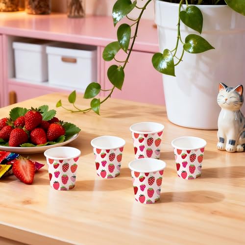 WRAPAHOLIC 3oz Paper Cups - 100 Pack Disposable Bathroom Cups with Strawberry Fruits Design, Small Mouthwash Cup for Toothbrush Rinse, Home Bathroom, Picnic, BBQ, Travel and Party - color: Pink & Red Strawberry