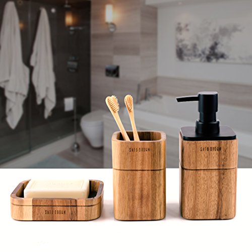 Bathroom Accessory Set Acacia Wood 3 Pieces Includes Bathroom Soap Dispenser, Bathroom Tumbler, Soap Dish Accessories for Bathroom Decor and House Warming Gift