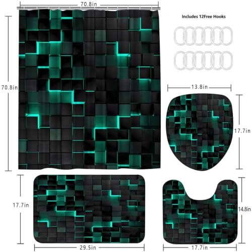 LQCOOL 4Pcs Green Shower Curtain Set 3D Cubes Bathroom Sets Modern Shower Curtain Set for Bathroom Sets with Rugs Black and Green Shower Curtain with 12 Hooks - color: Black Green