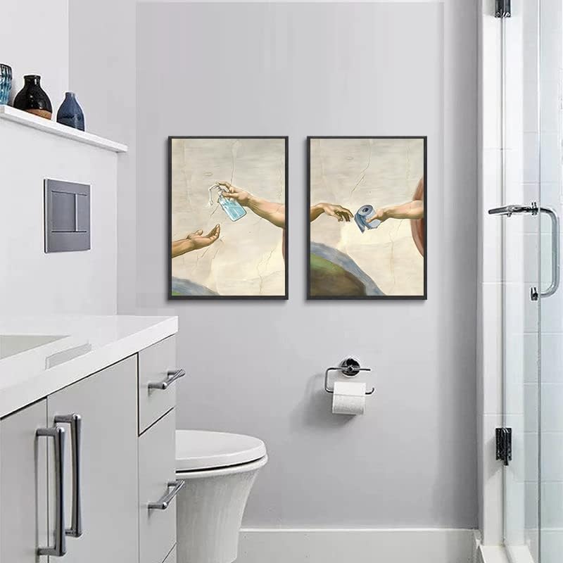 Laylwhq Bathroom Wall Art Retro Funny Hand Of God and Adam, 16 * 24in | 2 Pcs, Unframed, Humor Handwashing Fluid Toilet Paper Paintings - color: bathroom, size: 16"Wx24"Hx2
