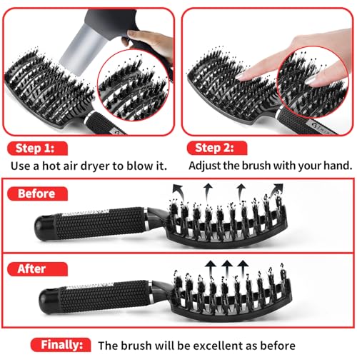 Boar Bristle Hair Brush Set of 2, HIPPIH Wet & Dry Hair Brushes Made by Fine Natural Boar Hair Can Adds Shine and Smoothing, Detangling Hairbrush for Women, Men & Kids' Long Curly Thick Hair - color: Black & Red