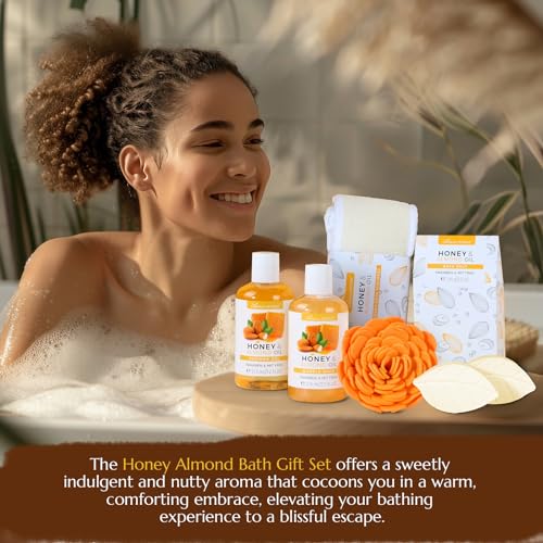 Bath Spa Gift Basket, Bath & Body Gift Set for Women & Men, Includes Shower Gel, Bubble Bath, Bath Salt, Bath Sponge, Spa Gift Box for Mother's Day, Birthday, Wedding, Honey & Almond 8pcs