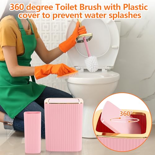 Bathroom Accessory Set,9 Pieces Pink Bathroom Accessories Set with Trash Can, Toothbrush Holder, Soap Dispenser, Toothbrush Cup, Vanity Tray, Soap Dish, Toilet Brush, Qtip Holder - color: Pink