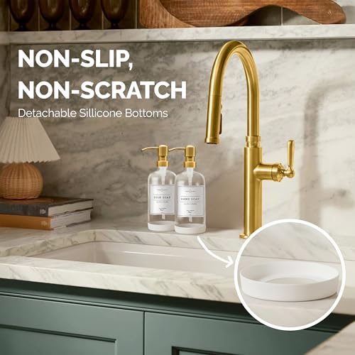 Vine Creations Glass Soap Dispenser, 2 Pack Kitchen Soap Dispenser Set with Stainless Steel Pump, 16 oz Dish Soap and Hand Soap Dispensers for Bathroom with Waterproof Labels (Clear) - color: Clear Bottle / Gold Pump