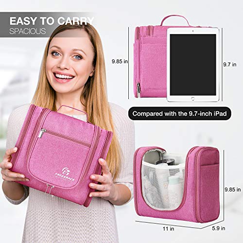 Freegrace Extra Large Hanging Toiletry Bag for Men and Women - Water-Resistant Nylon Travel Bathroom Organizer for Cosmetics, Makeup, and Toiletries - color: Cerise Pink