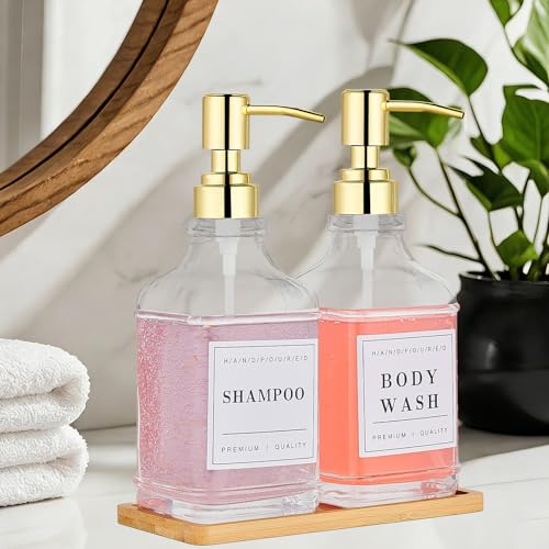 Glass Soap Dispenser with Pump,Tray,Funnel, Countertop Soap and Lotion Dispenser Set of 2 with 60 Stickers, Dish and Hand Soap Dispenser Bottle for Kitchen,Bathroom,Shower,500ml/16.9oz - color: Blk-5070-2g