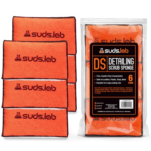 Suds Lab DS Detailing Scrub Sponge – Microfiber Scrub Pad for Car Detailing, Two Textures for Polishing & Scrubbing, Durable & Absorbent, Multi-Surface Use, Washable & Reusable – 6 Pack, Orange - size: Set of 6