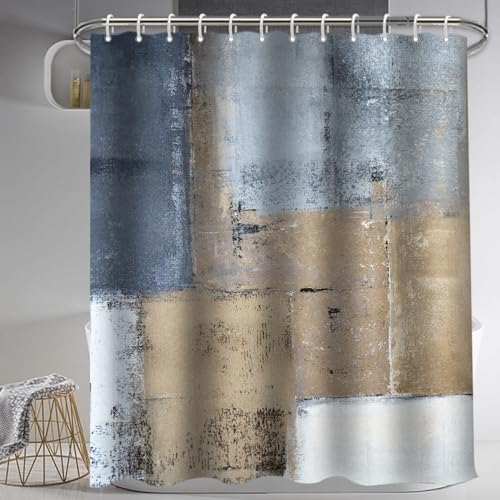 Lnond 4Pcs Bathroom Shower Curtain Sets with Rugs,Brown and Blue Painting Art Bathroom Sets with Shower Curtain and Rugs and Accessories - color: Blue Grey White Abstract-01