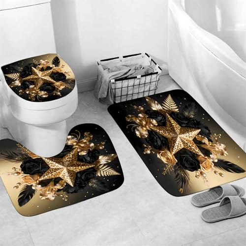 Black and Gold Shower Curtain Sets with Rugs, Luxury Leopard Star Floral Bathroom Decor, 4 Piece African Animal Print Bath Set with Non-Slip Rug, Toilet Lid Cover and Bath Mat, Waterproof Fabric - color: Black Gold Star