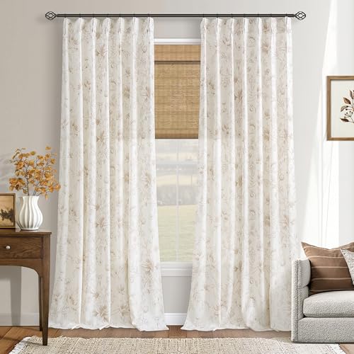 French Country Linen Floral Curtains 108 Inches Long Farmhouse Neutral Light Filtering Beige White Peony Lily Sketch Flower Pattern Printed Curtain Coffee Tan Botanical Drapes for Living Room - color: Coffee, size: 40"W x 108"L (Pack of 2)