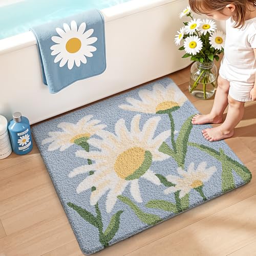 LUMI Bathroom Rugs Cute Daisy, Soft Absorbent Square Bath Mat Non-Slip, Machine Washable Quick Dry Blue Luxury Rug Flower for Kids Room, Bathtub, Home Decor, 32"x32" - color: Blue Daisy, size: 32"x32"(Square)