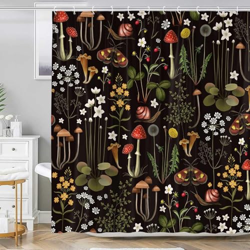 Retro Mushroom Shower Curtain for Bathroom, Fairy Forest Flowers Plants on Black Background Bath Curtains, Vintage Botanical Fabric Shower Curtain Sets with Hooks 72 x 84 - color: Red Black, size: 72"W x 84"L (Pack of 1)