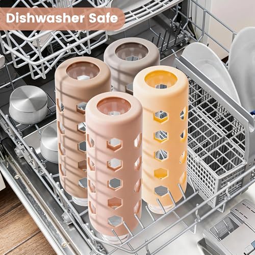 Mrsdry Glass Juice Bottles with Lids and Silicone Sleeves 18 oz, 4-Pack Reusable Clear Glass Water Bottles with Stainless Steel Airtight Cap for Juicing, Refrigerator, BPA Free Leak-Proof Drinking Jar - color: Apricot