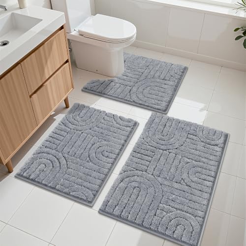 Vaukki Bathroom Rugs Sets 3 Piece, Light Grey Washable Non Slip Soft Bath Mats for Shower and Tub, Plush Absorbent Microfiber Toilet Rug U Shaped, 32x20+26x18+24x20 Inch - color: Light Grey, size: 18''x26''+20''x32''+20''x24''