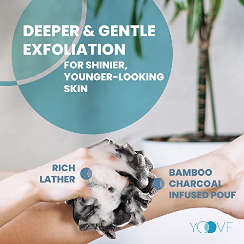 Bamboo Charcoal Infused Back Scrubber - Loofah with Handle | Exfoliating Shower Loofah for Men & Women - Features 1 Loofah on a Stick, 1 Loofa Pouf; Includes Hook (Black) - style: Black