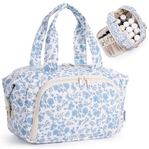 Narwey Travel Toiletry Bag for Women, Large Makeup Bag, Wide Open Cosmetic Make Up Organizer with Handle, Wet Pocket for Towel, Travel Bag for Toiletries, Brushes, Essentials (Little Blue Flower) - color: ZA-Little Blue Flower