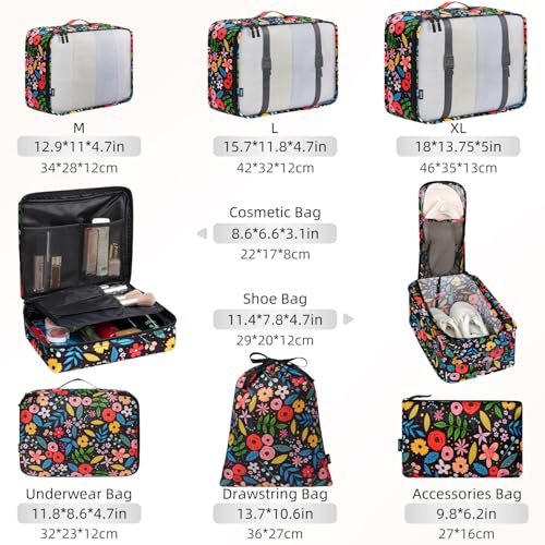 BAGAIL 8 Set Packing Cubes Luggage Packing Organizers for Travel Accessories-Black Floral - color: Black Floral, size: 8 Set