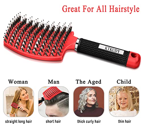 KTKUDY Detangling Brush Boar Bristles Hair Brush Make Hair Shiny & Healthier Curved and Vented Detangler Brush for Women Men Kids Wet and Dry Hair (Red) - color: Red