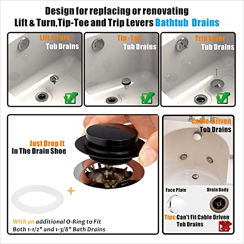 Artiwell Universal Tip Toe Bath Drain Stopper and Cover, Bathtub Drain Stopper, Replaces Lift and Turn, Tip-Toe and Trip Lever drains for Tub, EZ Installation and Clearing (MATT Black) - color: Matt Black