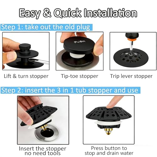 AzWzz Bathtub Drain Stopper, Pop Up Tub Stopper Plug with Bathtub Drain Hair Catcher Cover, Universal for 1.45 in to 1.8 in Tub Drain, Matte Black - color: Matte Black, style: Tub Drain Stopper with Hair Catcher