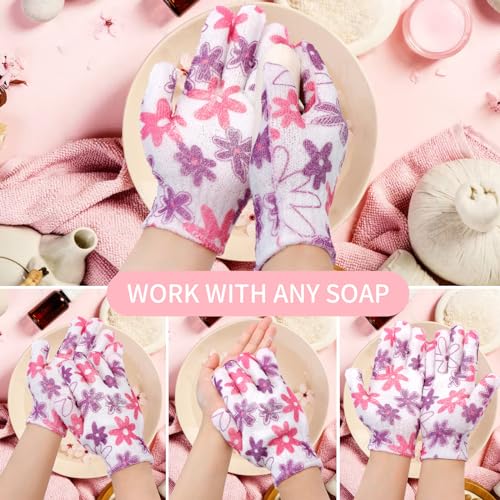 FARMOGA Exfoliating Gloves Shower Loofah Body Scrubber African Exfoliating Net Glove Bathing Accessories Exfoliating Mitt for Women & Men (4Pcs-Bath Gloves-Flower)