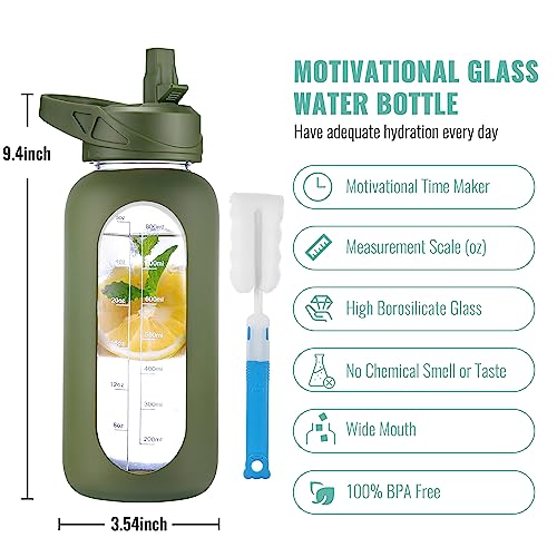 CIVAGO 32 oz Glass Water Bottle with Straw and Handle, Large Sports Motivational Water Bottle Flask with Time Marker, Leakproof Water Jug Canteen with Silicone Sleeve for Gym, Army Green - color: .Army Green, size: 32 Ounces