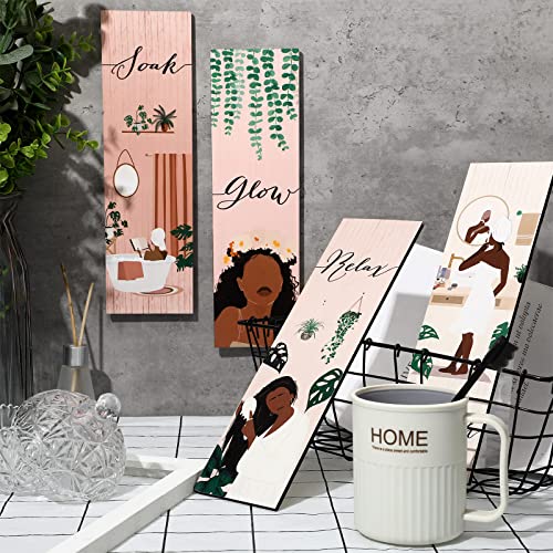Yookeer 4 Pcs Black Girl Bathroom Wall Decor Pink Decor Boho Wall Art Print Black Women African American Wood Plaque Bathroom Hanging Decors for Home Spa Restroom Dressing Room