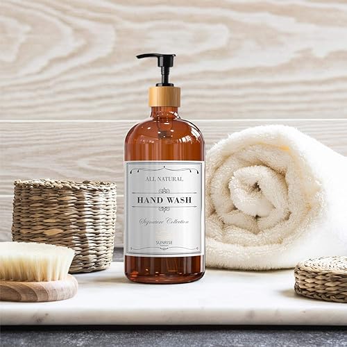 Sunrise Premium 16 OZ Thick Amber Glass Soap Dispenser, Bamboo Pump with Tray 4 Pack, Hand and Dish Soap Dispenser Set for Bathroom with 12 Waterproof Labels - color: Plastic Bamboo Pump - Amber Glass Pack 4
