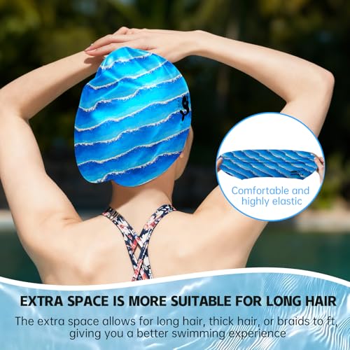 WHALE Extra Large Swim Cap Designed for Men and Women with Thick, Long Hair, Hair Extensions Or Afro-Textured Hair Long-Hair Swim Cap Highly Waterproof to Keep Hair Dry - color: Wave-patterned
