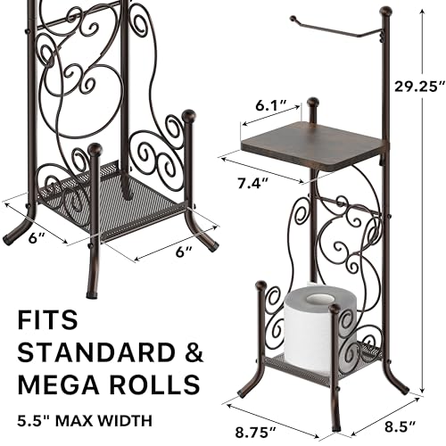 Simple Houseware English Style Bathroom Toilet Tissue Roll Holder Stand with Shelf, Bronze - color: Bronze, size: Wood Shelf - 29.2''H