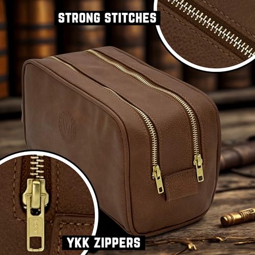 Toiletries bag for men, Premium PU Leather Travel Kit, Metal Zippers & Bottom Studs, Velvet Dust Bag & Shape-Retention Packaging – Gift Ready For Groomsmen, Anniversary, Birthday Gifts / BROWN - color: BROWN