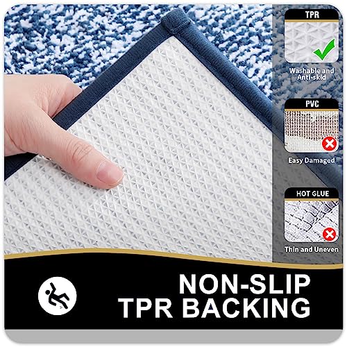 OLANLY Toilet Rugs U-Shaped 24x20, Extra Soft and Absorbent Microfiber Bathroom Rugs, Non-Slip, Machine Wash Dry, Plush Shaggy Contour Bath Mats for Toilet Base, Navy - color: Navy and White, size: 24" X 20" Contour Rug