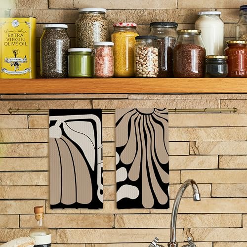 Abstract Boho Neutral Taupe and Beige Floral Kitchen Towels Set of 2, Retro 70s Groovy Floral Hand Towels for Bathroom, Modern Minimalist Botanical Dish Tea Towels for Kitchen Decor, 16x24 Inch - color: Boho Neutral Taupe