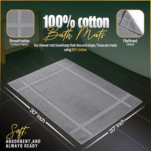 Pearl Linens 100% Ring Spun Cotton Bath Mat (Pack of 6) 20 x 30 Inch, Washable, Soft & Absorbent Terry Bathroom Floor Mat – Not Bathroom Rugs – Quick-Dry After Shower Bath Mat, 687 GSM, Light Grey - color: Light Grey, size: 20x30 - Set of 6