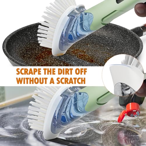 Soap Dispensing Replacement Dish Brush Storage Set with 2 PCS Brush Refills & Holder - RIMAY Dispenser Scrub Cleaning Scrubber Kitchen Dishwashing Dish Wand Handle for Dishes/Pans/Pots/Sink(Green) - color: Green