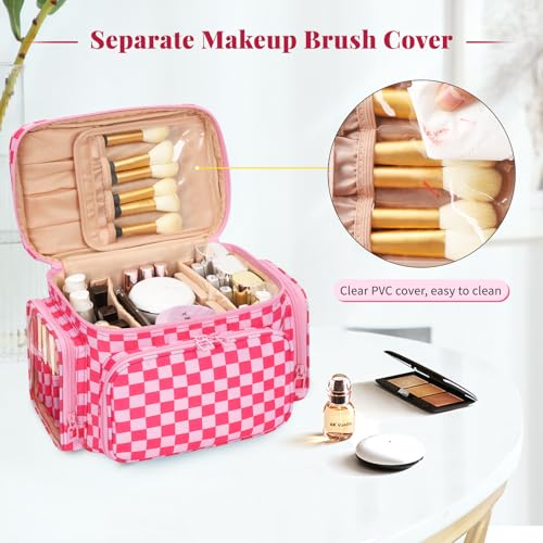Bagmoly Large Checkered Makeup Bag, Travel Makeup Bag Organizer for Women Girls with Makeup Brush Compartment & Two Side Pockets, Cosmetic Travel Bag Vertical Storage Toiletry Bag- Hotpink - color: 04-Hotpink Checkerboard, size: Medium