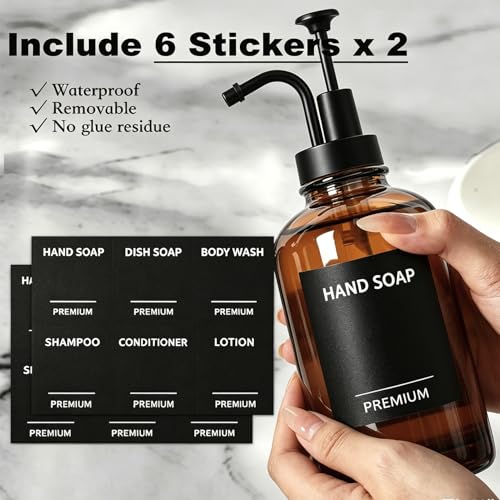Amber 18 Oz Dish Soap Dispenser for Kitchen, Ultra-Thick Glass Soap Dispenser Set with Tray, Pump, Funnel for Bathroom, Liquid, Lotion, Shower, Laundry, (2 Pack with 12 Stickers) - color: Amber, size: 18Oz
