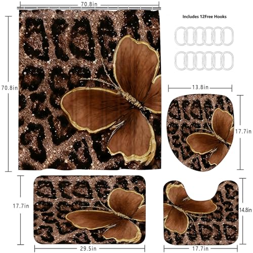 4 Piece Brown Glitter Leopard Shower Curtain Set with Rugs | Luxury Golden Butterfly Art, Glam Animal Print Fabric, Non-Slip Mats, Toilet Lid Cover - color: Brown