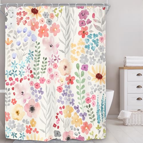 Riyidecor Narrow Small Stall Shower Curtain for Bathroom Decor 54Wx78H Floral Flower Cute Colorful Multicolor Plants Botanical Pink Art Printed Fabric Polyester Waterproof 12 Pack Plastic Hooks - color: A-pink, size: 54"W x 78"L (Pack of 1)