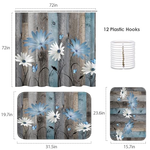 ArtSocket Blue Daisy Flowers Butterfly Bathroom Set with Shower Curtain and Bath Rugs and Accessories,Wooden Boards Non-Slip Shower Curtain Set,Bathroom Decor 3 Pcs - color: Blue Daisy Flowers