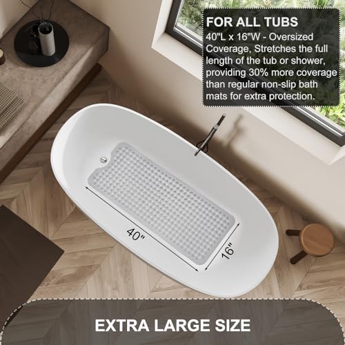 TEESHLY Upgrade Bath Tub and Shower Mats, Non Slip 40 x 16 Inch Extra Large Bathtub Mat, Machine Washable Bathmat with Drain Holes, Suction Cups for Bathroom Floor, Clear Gray - color: Grey (Translucent)