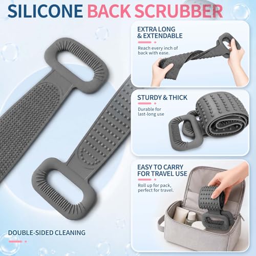 Manmihealth Silicone Back Scrubber for Shower, 36'' Extendable Back Washer with Long Strap Handle, Dual-Sided Silicone Body Brush for Men and Women (Gray) - color: Gray