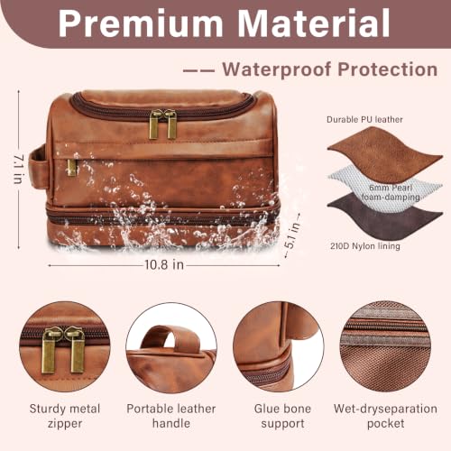 Personalized Toiletry Bag for Men, Custom Toiletries Bag Gifts for Men, Him, Birthday, Anniversary, Graduation, Groomsmen, Dad, Husband, Boyfriend, Leather Engraved Travel Cosmetic Shaving Hygiene Bag - color: Brown