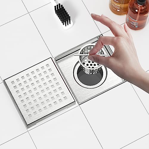 Neodrain Square Shower Drain with Removable Quadrato Pattern Grate, Brushed 304 Stainless Steel Square Drain for Bathroom, with Hair Strainer and Lifting Hook,CUPC Certified (Brushed Nickel, 4 in) - color: Stainless, size: 4 IN