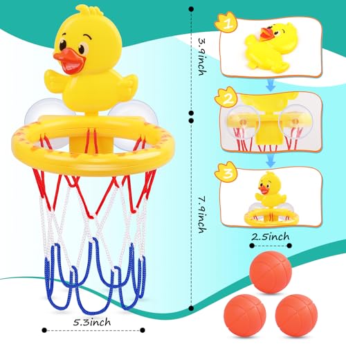 Bath Toys, Bathtub Basketball Hoop for Toddler Kids, 3 Soft No Hole Balls & Bath Basketball Hoop with Strong Suction Cup, Yellow Duck Baby Shower Bath Toys Set for Boys and Girls - style: Yellow Duck