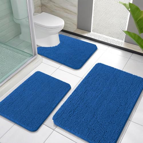 OLANLY Bathroom Rugs Sets 3 Piece, Soft Absorbent Chenille Bath Mats and U-Shaped Contour Toilet Rug, Home Decor Accessories, Bath Mat Set for Bathroom (30"x20"+24"x16"+24"x20", Deep Navy Blue) - color: Deep Navy Blue, size: 30" X 20" + 24" X 16" + U24" X