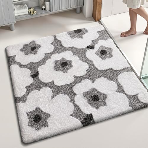 LUMI Floral Bath Mat, Soft Absorbent Square Bath Rug, Non-Slip Quick Dry Luxury Rug, Machine Washable Rugs for Bathroom Floor, Bathtub, Living Room, Home Decor, White Grey, 32"x32" - color: A-flower White, size: 32"x32"(Square)