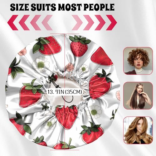 Luxury Shower Cap Satin Lined Reusable Waterproof Double Layer Elastic Adjustable Hair Bath Cap Cute Aesthetic Women Girls-Strawberry - color: F2-Strawberry