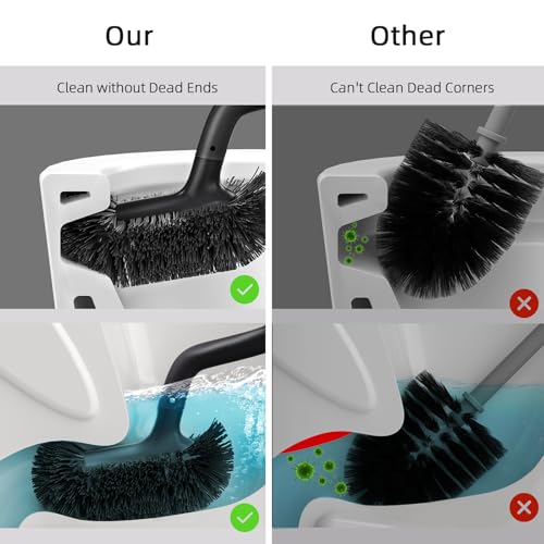 HAMITOR Toilet Bowl Brush Holder Set: Bathroom Deep Cleaning Toilet Cleaner Scrubber Under Rim with Curved Bristle for Dead Corner Clean - Hidden Rv Toilet Decorative Accessories with Caddy- Black - color: Black, size: 1 pack